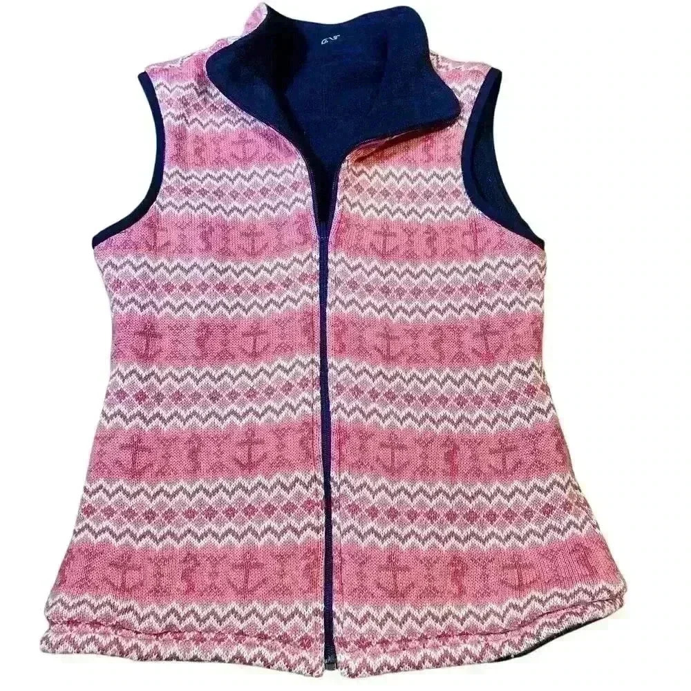 Vineyard Vines Women’s Reversible Thick Knit Vest Size Small Navy Pink Nautical - Picture 3 of 8